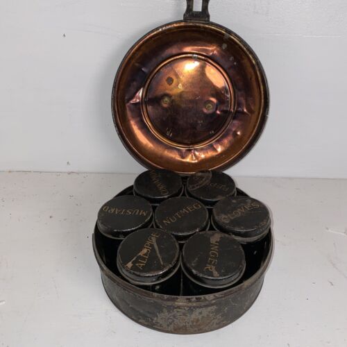 Antique C. 1830 Round Toleware Spice tin complete W 7 Spice containers