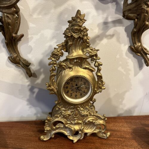 Beautiful Victorian Style Tall Brass Mantle Clock With Flower